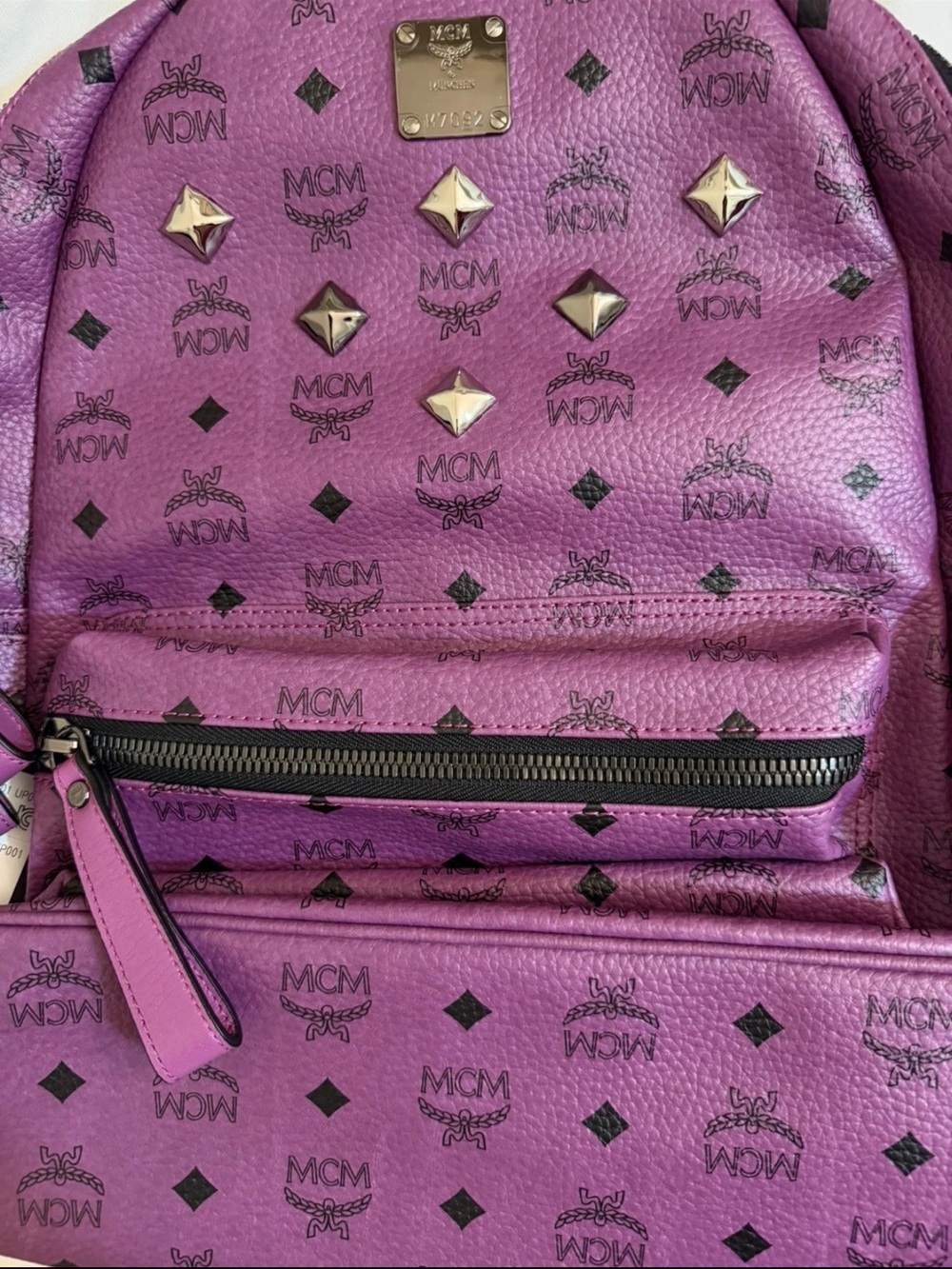 MCM Purple Logo Studded Leather Backpack with Black Print - Picture 6 of 8